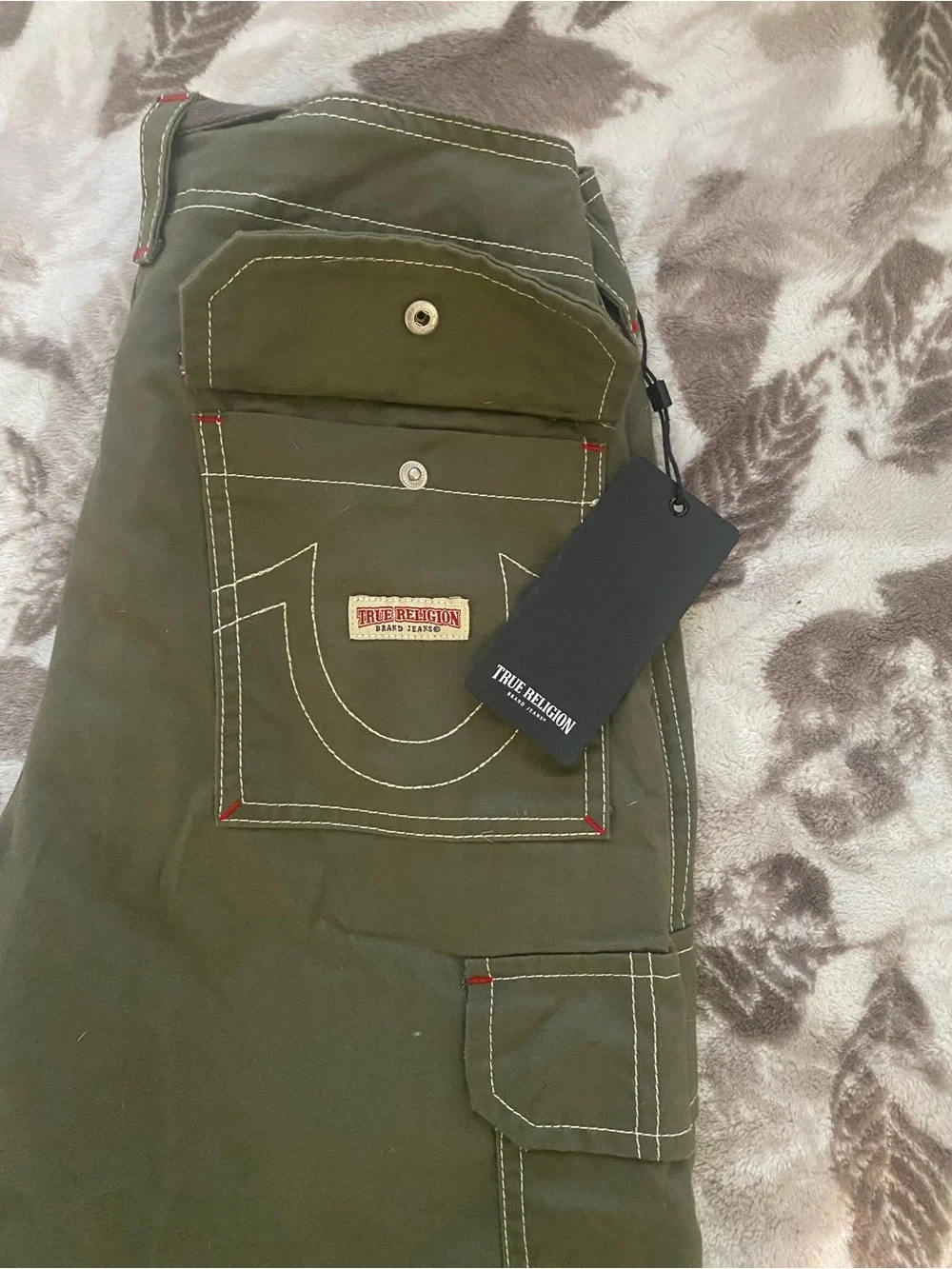 True Religion Men's Olive Cargo Pants with Contrast Stitching